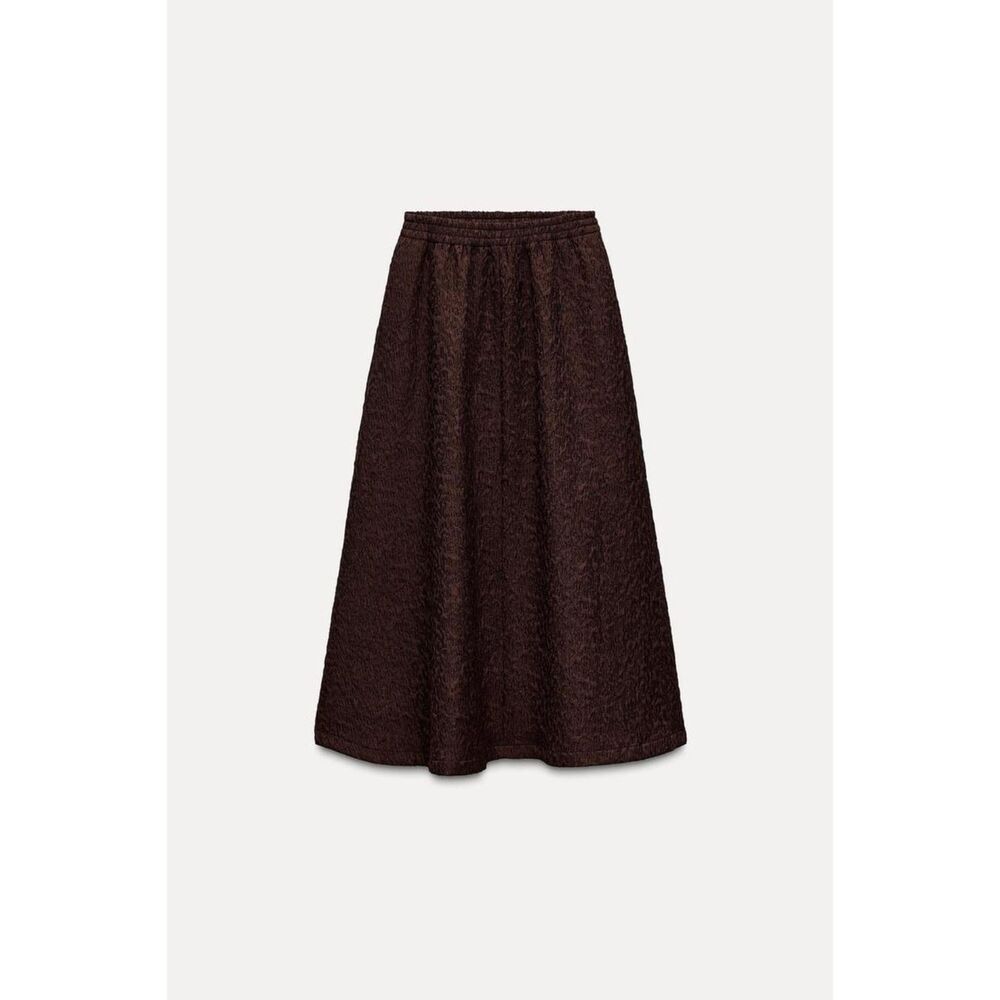 Brown Zara Jacquard Textured Elastic Waist Pull-On Midi Skirt (NWT)